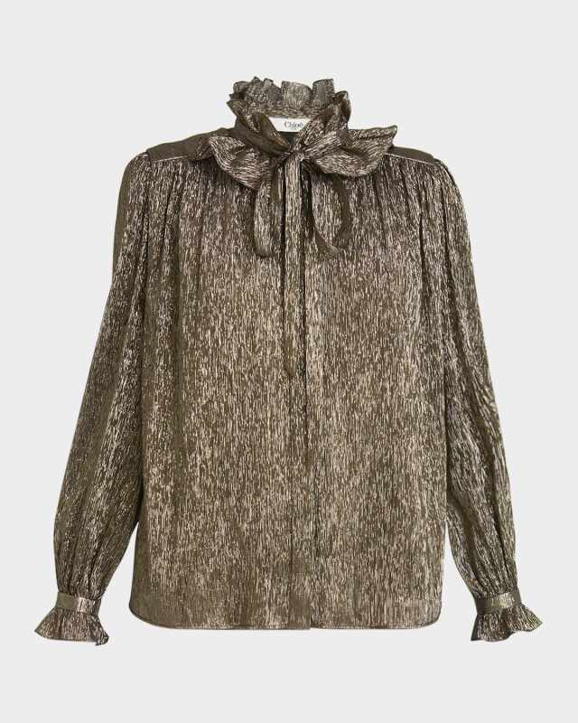 Metallic Silk Ruffle Neck-Tie Top